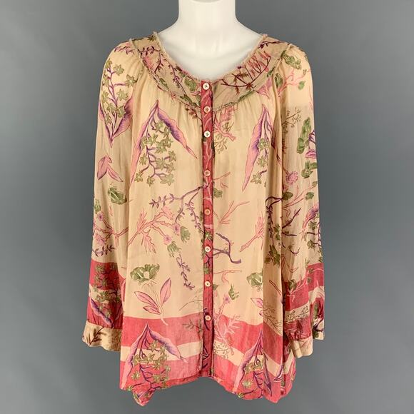 DONNA KARAN Size 6 Beige Red Cotton Silk Floral Tunic Blouse - Picture 1 of 1